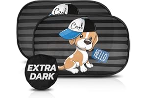 CARAMAZ Auto parasol z certyfikowaną dodatkowo ciemną ochroną UV - Samoprzylepna, dla ochrony dzieci i zwierząt, 2 parasole dla niemowląt z wzorem psa M/L 51x31 cm