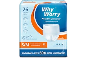 WhyWorry Pañales para Adultos con Incontinencia, Bragas Absorbentes Desechables para Hombres y Mujeres, Ropa Interior con Máxima Absorción para Ancianos, Antiolor, Unisex, Talla S/M, 26 Unidades