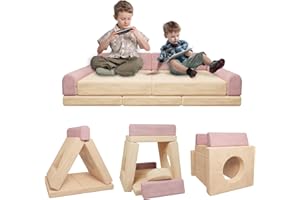 hoopyosms 11 Piezas Sofá Modular para Niños, Sofá Convertible para Pequeños, Fuerte Construible, Muebles de Juego Suave para Sala de Juegos y Dormitorio, Franela, Beige, Rosa