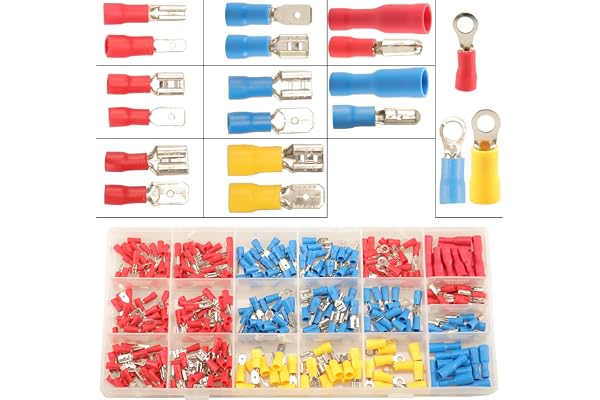 350pcs Kabelskor Sortiment Krimpkontakter, 2.8mm 4.8mm 6.3mm Elektriska Kontakter, 15 Typer Isolerade Crimpterminaler Elektriska ledningskabelkontakter Hane och Hona, Faston Terminaler Spade Kontakt