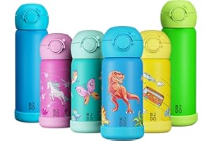 B2DO Borraccia Acciaio 316 Inox Doppia Parete 350ml Dinosauro Blu | Bottiglia Termica per Bambini Isolata a Prova di Perdita per la Scuola | Bottiglia per Bambini con Cannuccia Senza BPA