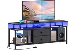 YATINEY Mueble de TV, para Televisión hasta 45’’, Consola Multimedia con Regleta y Tira de Luz LED, Soporte para TV con Cajones y Estantes, para Salón, Dormitorio, Negro XDS03CDBB