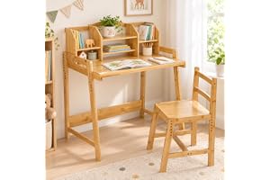 MAMIZO Barnskrivbord justerbar höjd, barnskrivbord med stol, bambu trä skrivbord, skolskrivbord med bokhållare förvaringsutrymme, skrivbordsset för barn, naturlig färg