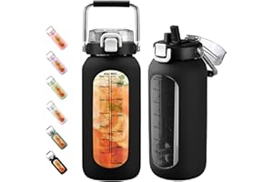 BLUEGO 2000ml Gourde en Verre avec Poignée en Inox et Marqueur de Temps Verre de Motivation 2L avec Manchon en Silicone et Paille pour Gym Office Extérieur Sport Bouteilles d'eau Sans BPA, Noir