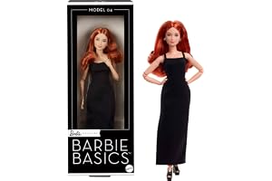 Barbie Basics Model 04-samlardocka med rött, lockigt hår, svart miniklänning och stövlar, kläder med universell passform, stä