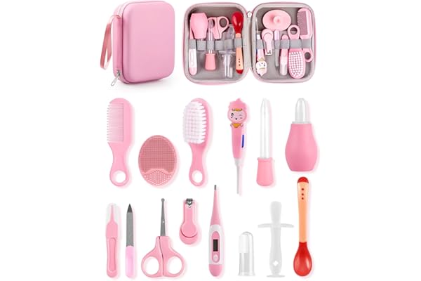 15pcs Trousse de Soin Bebe Kit Trousse de Toilette Bebe pour Prendre Soin kit de Soins pour bébé Professionnel Sans BPA Accessoires Bebe Naissance Fille pour Voyage Maison - Rose