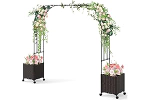 GOPLUS Arche de Jardin avec 2 Jardinières Surélevées, Roues Verrouillables, Jardinières avec Treillis Arqué pour Plantes Grimpantes Fleurs Herbes Légumes Fruits (288x40x202CM)