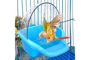 LANFLY Bird Bath Tub,Hanging Birdbath Box Toy Budgies Caged Bathing Tubs Parrot Bath Tub Water Shower Food Feeder Holder Tray Bird Baths for Birdcages Accessory Small Birds Canary Cockatiel Parakeet(Blue)