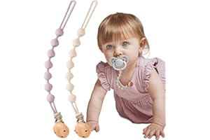 BebeCalin Attache Tetine en Silicone, lot de 2 Attaches Tétine pour Bébés Garçons et Filles, Pacifier Clip Chain, Garde la Tétine Propre, Douce et Flexible (Violet + Blanc Cassé) DL13H80