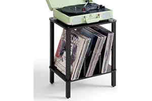 LELELINKY Supporto per giradischi in bambù a 2 livelli, con custodia per dischi vinile fino a 100 album, portadischi in stile boho per la camera da letto e tavolino multifunzione,Nero