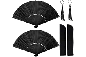 TAFACE 2 abanicos de mano negros, abanicos plegables, abanicos de verano, abanicos plegables de estilo chino para bodas con 2 bolsas de almacenamiento, 2 accesorios de borla negra