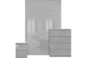Blisswood High Gloss Bedroom Furniture Set 3 Piece Bedroom Set With High Gloss 3 Door Wardrobe & 4 Drawer Chest of Drawer + 2 Drawer Bedside Table Cabinet for Bedroom Storage Furniture Set (Grey)