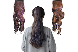 Saijer Extensión Cola De Caballo,2PCS Peluca Cola De Caballo Pelo Coleta Wavy Extension Cola Postizos Pelo Sintético Largo Rizo Seorita Rizo Lolita Pelucas para Mujeres Chica(Marrón Azul Púrpura)