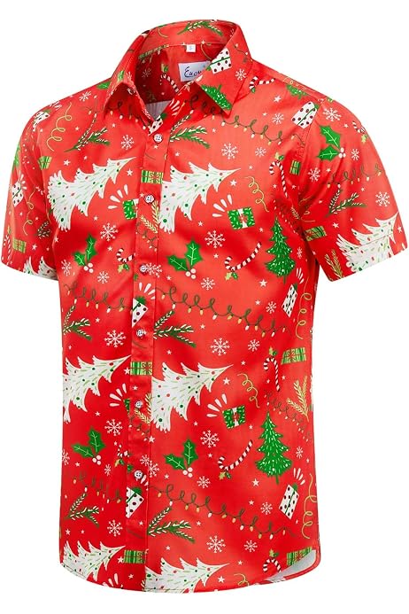 QIVICIMA Men's Christmas Santa Print Hawaiian Shirt – Funky Holiday Party Shirt, Short Sleeve Button-Up For Halloween & Christmas