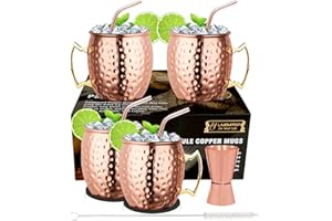 LIVEHITOP Moscú mula Cobre Tazas 4 Piezas, 19.5 oz Copa Cobre con 4 Posavasos, 4 Pajitas, Pincel Jigger y Paja, Conjunto Regalo Taza para el Hogar, Bar, Fiesta (4)