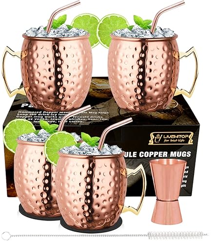 wisefood Moscow Mule Cups Set of 4 Copper Mugs, Includes Matching Straws, Cleaning Brush and Jigger, Hammered Copper Mugs, Ideal as Cocktail, Gin, Munch Mule Cup
