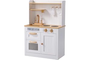 HOOGA PLAYROOM Hooga Toy Kitchen, Wooden Play Kitchen With Realistic Oven, Storage Cupboards, Utensils and Sink With Taps, White Kitchen Playset With Utensils and Interactive Dials