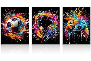 Dazzlewall 3 Stück Graffiti Jungenzimmer Wandbilder, Bunte Fußball Kopfhörer Gamepad Bilder für Schlafzimmer Jugendzimmer Spielzimmer Deko 12x16 Zoll Ungerahmt