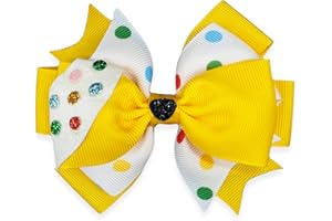 MeiMei Multicolor Spot Dot Yellow Bear Pattern Children 3.5 inch Hair Bow Barrettes, Alligator Hair Clips, Handmade Girl Women Hair Accessories, Matching Costumes, 1 Piece (Spot 1, Bear - PW25, Clip)