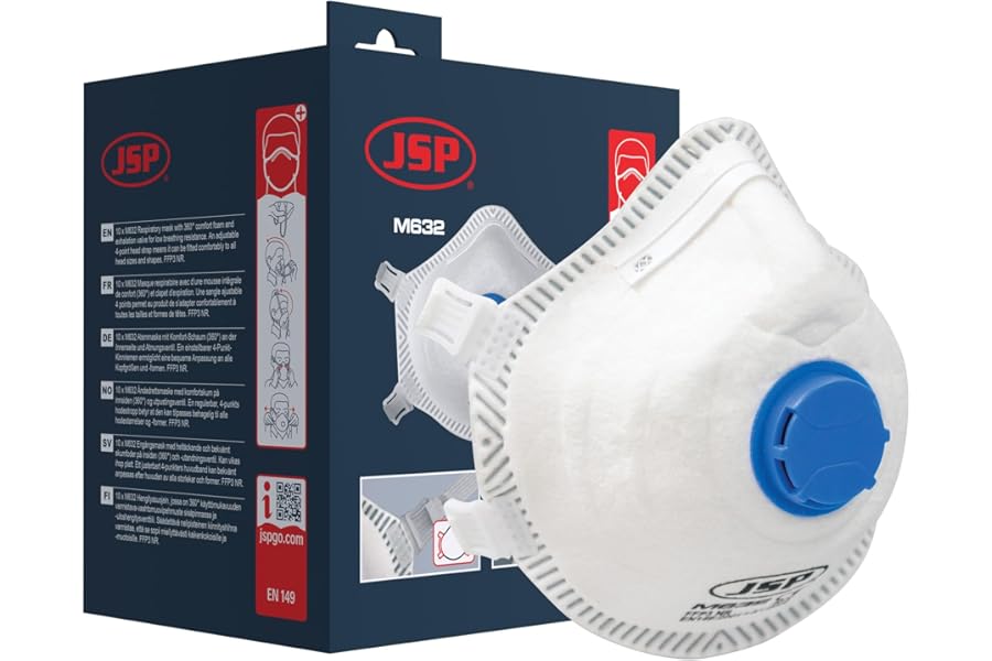JSP M632 FFP3 Moulded Disposable Mask with Valve (10 pack) - Dust Mask - For Silica Dust, Sanding, Mould, Aerosols, Fumes, Viruses - Construction, Woodwork, DIY & Industrial - 99% Filtration - EN149