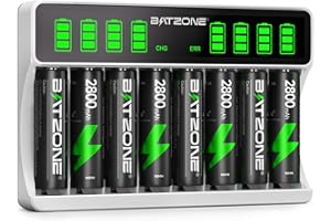BATZONE Akku Ladegerät mit 8 x AA Akkus, 8-Ladeplatz Großer LCD-Bildschirm Batterie Ladegerät, für Mignon AA und Micro AAA, für NI-MH/NI-CD wiederaufladbar AA/AAA Batterien
