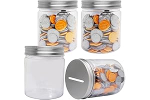 Mczcent Hucha Pequeña - 4 Piezas, Huchas Transparente de Plástico para Monedas, Small Mini Alcancia Coin Money Tip Piggy Bank Box Jar Hucha para Niños Niñas Adolescentes Adultos, Plata