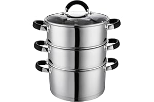 Royal Cuisine 3 Tier Stainless Steel Steamer Cooking Pot 22cm Multi Layer Pan with Glass Lid Stackable Veg Steamer Food for Vegetables Induction Cookware with Silicone Handles
