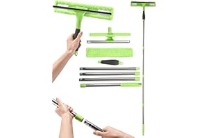 EASY GLEAM EasyGleam Window Cleaner 2in1 Telescopic Cleaning Kit with Squeegee - Includes Brush 4 Poles & Extension (170cm L) for Washing - Tool for Conservatory Roof, Bathroom, Glass Cleaning - Green