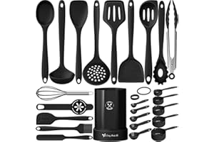 TERLULU Silikon Küchenhelfer Set, 25 Stück Kochutensilien Kochgeschirr, Hitzebeständiger Kochbesteck Set mit Utensilienhalter, Gesund & Antihaft, Spülmaschinengeeigne - Schwar