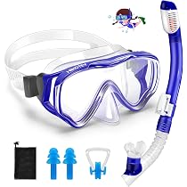 Occhiali da sub per bambini, 180°, anti appannamento, maschera da nuoto in vetro temperato, con protezione nasale, anti-perdita, per 4-15 ragazzi, ragazze, ragazzi (arancione e blu