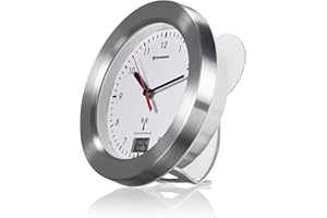 ‎BRESSER Bresser 8020114 Bad Wanduhr MyTime Bath mit Temperaturanzeige und Funkuhr mit gebürstetem Aluminiumrahmen, Saugnäpfen und Standfuß für Tischmontage, Weiß, Weiss