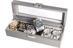 SUEH DESIGN Boîte de Montre à 6 Emplacements pour Hommes, Vitrine de Montre en Cuir PU avec Dessus en Verre - Gris