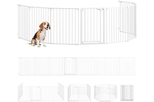 PawHut Barrera para Perros Plegable, 488x75 cm, Valla para Mascotas de 8 Paneles, Puerta con Cierre Doble, Barrera de Seguridad para Niños, Perros Pequeños y Medianos, para Escalera, Pasillo, Blanco