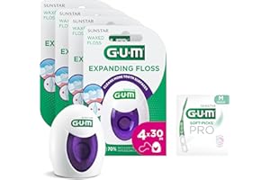 ‎GUM GUM EXPANDING FLOSS Zahnseide/Flauscht während der Verwendung auf/Auch für enge Zahnzwischenräume geeignet/Leicht gewachst/Sanft zum Zahnfleisch / 4x30m (+1 Gratisprobe)