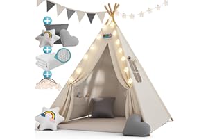 Spielwerk® Tipi Infantil Tienda de Campaña Niños Infantil 3 Cojines 130x130x160cm Luces 20 LED's Alfombra Carpa Juegos Navidad Blanca