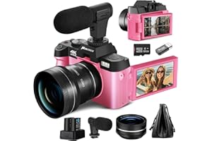 MONITECH Mo Digital Camera for Photography,Vlogging Camera for YouTube & Video 4K 48MP,with 180° Flip Screen,16X Digital Zoom,52mm Wide Angle & Macro Lens, 2 Batteries, 32GB TF Card (S100 Pink)
