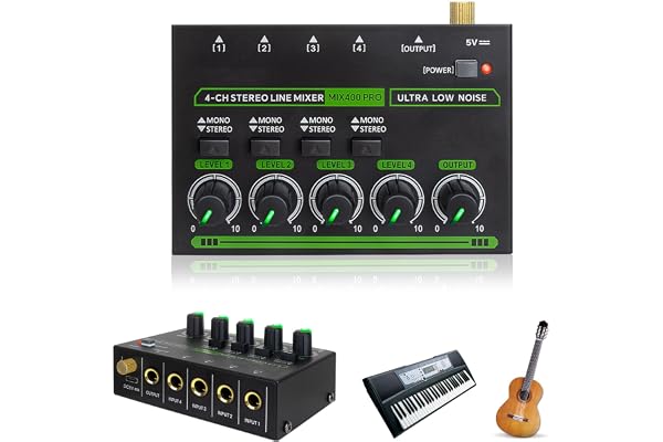 Mixeur Audio Stéréo 4 Canaux, 6,35mm Canaux Audio Mixer avec 4 Entrées et 1 Sortie Chargement Type-C Idéal pour les Concerts Les Performances sur Scène la Pratique Instrumentale