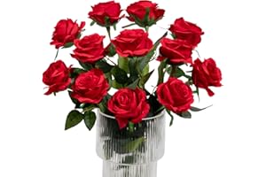 Kisflower 12Pcs Roses Artificial Flowers Fake Silk Rose Flowers Realistic Single Stem Flower Bouquet for Wedding Party Office Home Decor (Red)