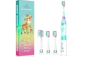 DADA-TECH Spazzolino Elettrico Bambini 3-6-12 Anni Spazzolino Elettrico Bambina Bambino Bimbo Con Timer Luci LED Arcobaleno E 4 Testine Morbide (Giraffa Verde)