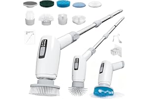 Cleangor Electric Spin Scrubber, Cordless Cleaning Brush Shower Scrubber with 9 Replaceable Brush Heads 3 Speeds Extension Handle for Bathroom, Shower, Bathtub, Floor, Tile, Kitchen, Pool(1, White)