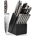 15PCS Kitchen Knife Set, Professional High Carbon Japanese Stainless Steel Chef Knives with Wooden Block, Ultra Sharp Knife Set with Irregular Hammer Pattern for Home & Professional Use