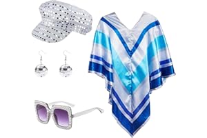 LOUUUOU 70s Outfits For Women Halloween Costume 4pcs Set, Fancy Dress Costumes For Women Disco Party Poncho Cape With Silver Glitter Hat Glasses Earrings Fancy Dress