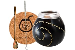 Gaucho Cebar Juego para té Yerba Mate con calabaza natural | Taza de calabaza y bombilla de pajita de acero inoxidable | Straw for Yerba Mate Tea | Cepillo y corcho, negro