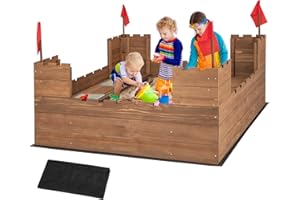COSTWAY Kids Wooden Sandpit, 116x113cm Sand Play Station with Built-in Bench Seats, Storage Boxes, Flags and Protective Bottom Liner, Children Sandbox for Garden Bench