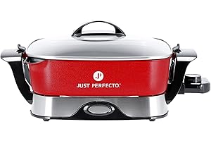 JUST PERFECTO HOUSEHOLD APPLIANCES Just Perfecto Padella elettrica multifunzione 5,5L 1650W | Rosso | Con controllo della temperatura e rivestimento antiaderente | Diametro 30 cm | pentola elettrica multifunzione, hot pot calda