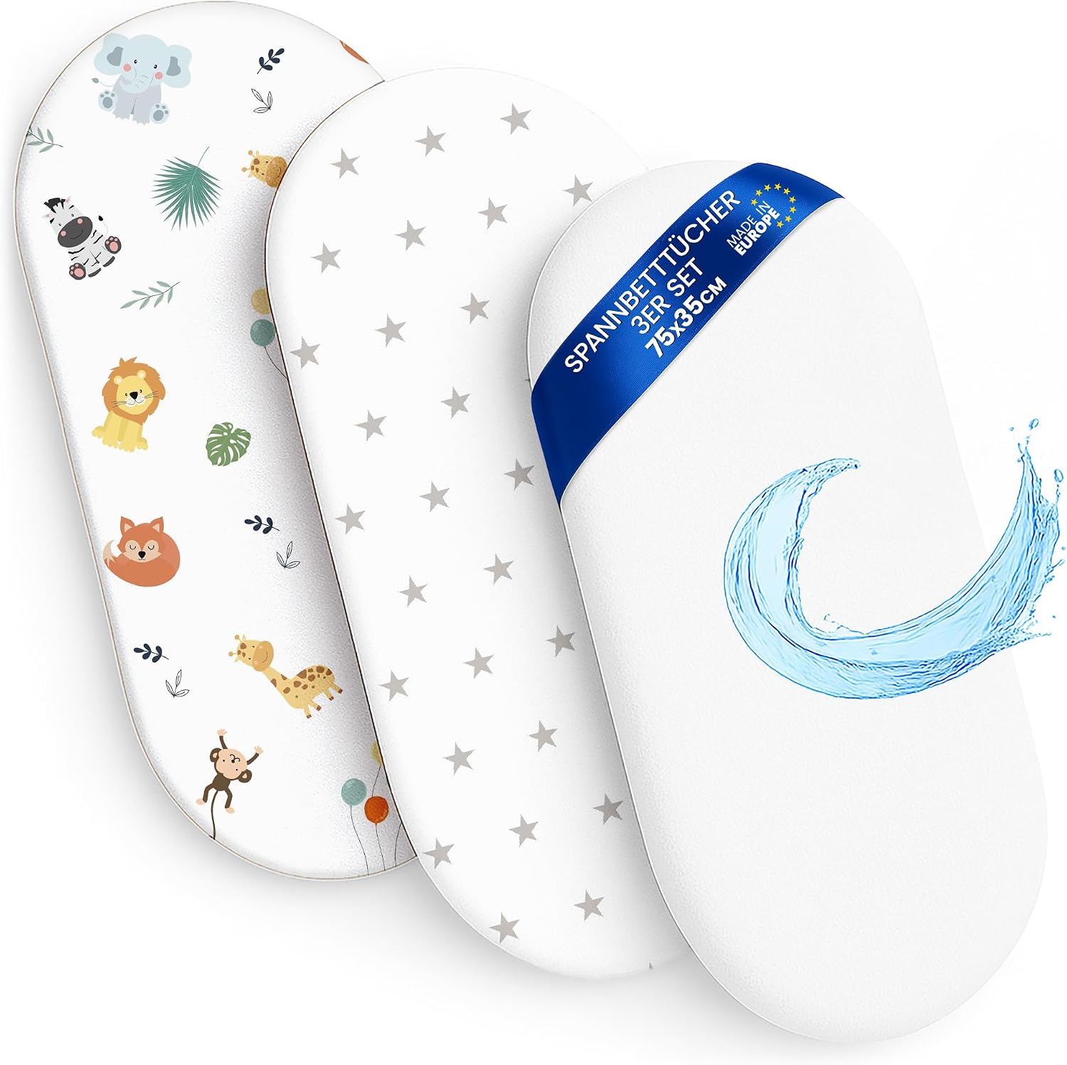 Sábanas Ajustables para Cochecito de bebé Juego de 3: 35x75 cm - 2 sábanas + 1 Protector de colchón Impermeable - Accesorios para Cuna de bebé y minicuna 35 x 73