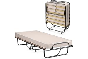 COSTWAY Brandina Pieghevole con Materasso, in Memory Foam, Struttura Resistente e 4 Ruote Girevoli, Lettino Pieghevole per Casa Ufficio, 190x80x33 cm (Beige)