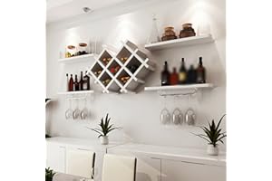 RAINWEEL Étagère à Vin Murale, Armoire à Vin en Bois à Suspendre, Support Mural en Diamant, Porte-Bouteille en Verre, Étagères avec Porte-Verre à Vin pour Bar, Cuisine, Restaurant (Blanc)