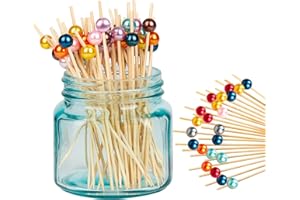LAOJU Cocktailspieße, Cocktailstäbchen Cocktail Picks Holz Obst Sticks Zahnstocher mit Perlen für Party Snacks Fingerfood Canapés Antipasti Grillspieße Obst-Spieß Dessert und Kuchen 100 Stück
