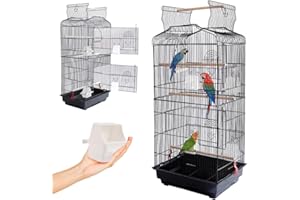 BAKAJI Klatka woliera dla ptaków, papugi, papugi, ptactwa, metalowa z otwieranym dachem i karmnikami, drewniane przycinarki, klatka z wymienną wanną do łatwego czyszczenia